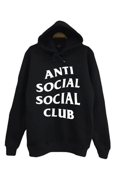 fame-stoned Anti Social Club Baskılı Unisex %100 Pamuk Kapüşonlu Siyah Sweatshirt