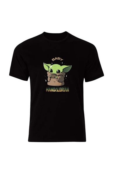 fame-stoned Baby Yoda Baskılı Unisex %100 Pamuk Siyah T-shirt