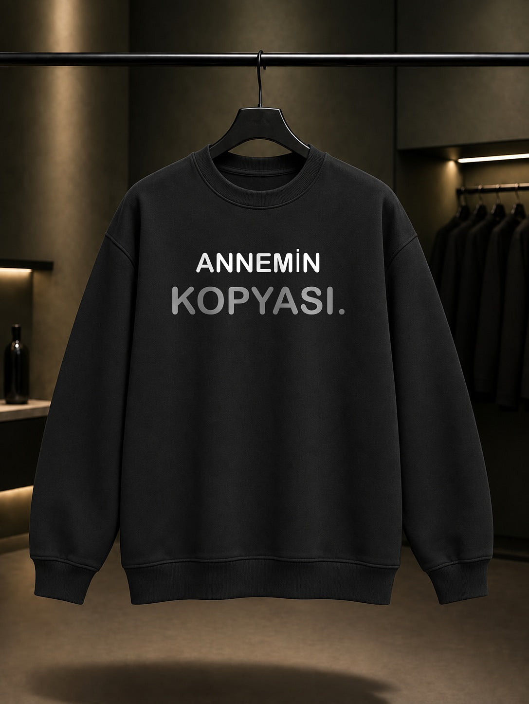 Annemin Kopyası Yazılı Baskılı Unisex %100 Pamuk Sweatshirt — Siyah