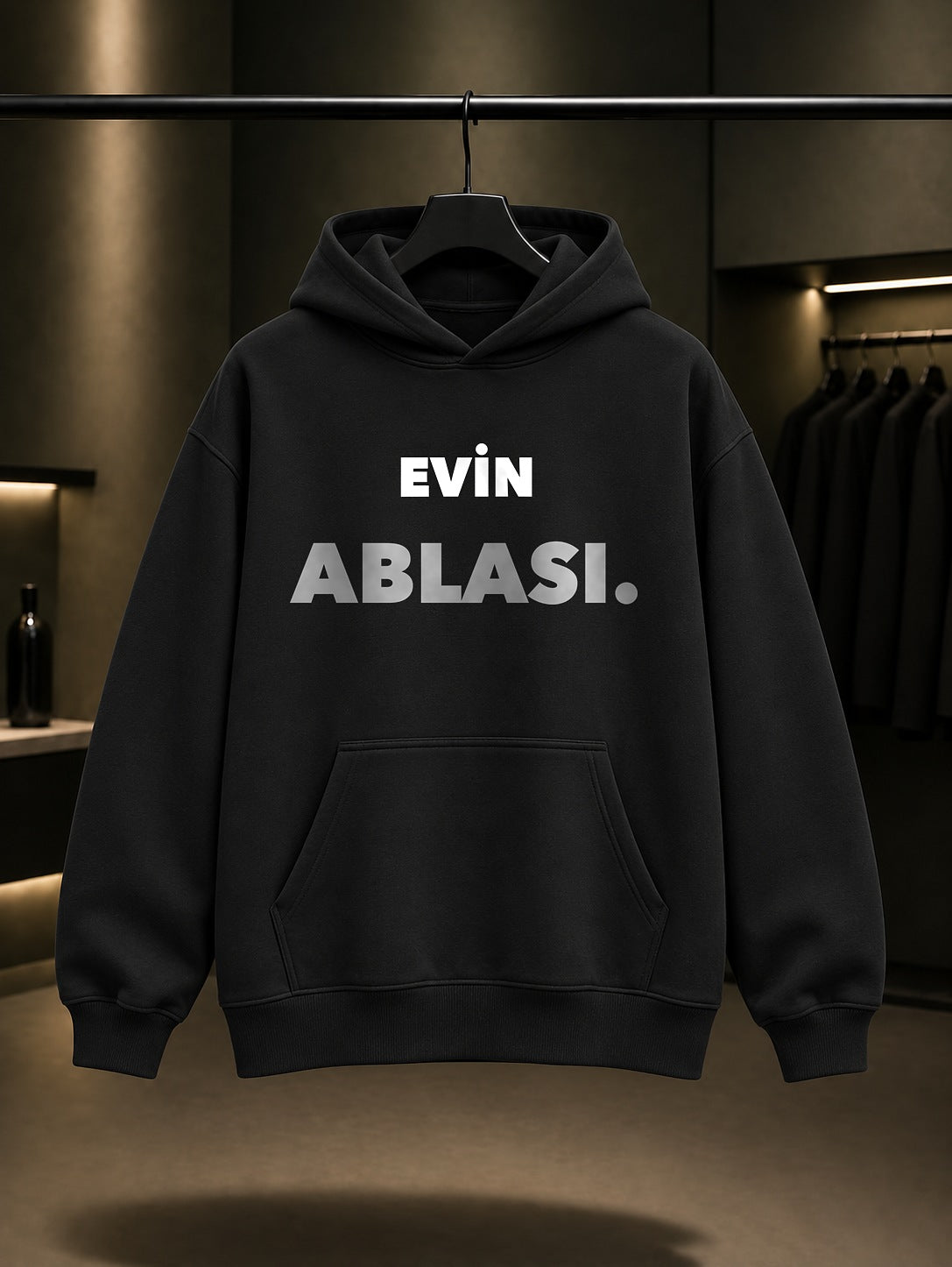 Evin Ablası Yazılı Baskılı Unisex %100 Pamuk Kapüşonlu Sweatshirt — Siyah