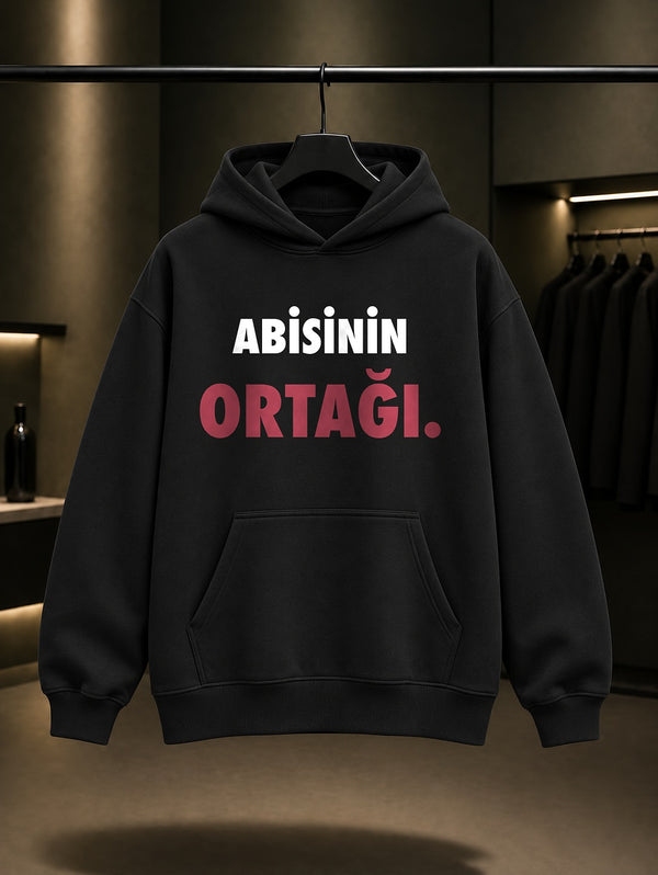 Abisinin Ortağı Yazılı Baskılı Unisex %100 Pamuk Kapüşonlu Sweatshirt — Siyah