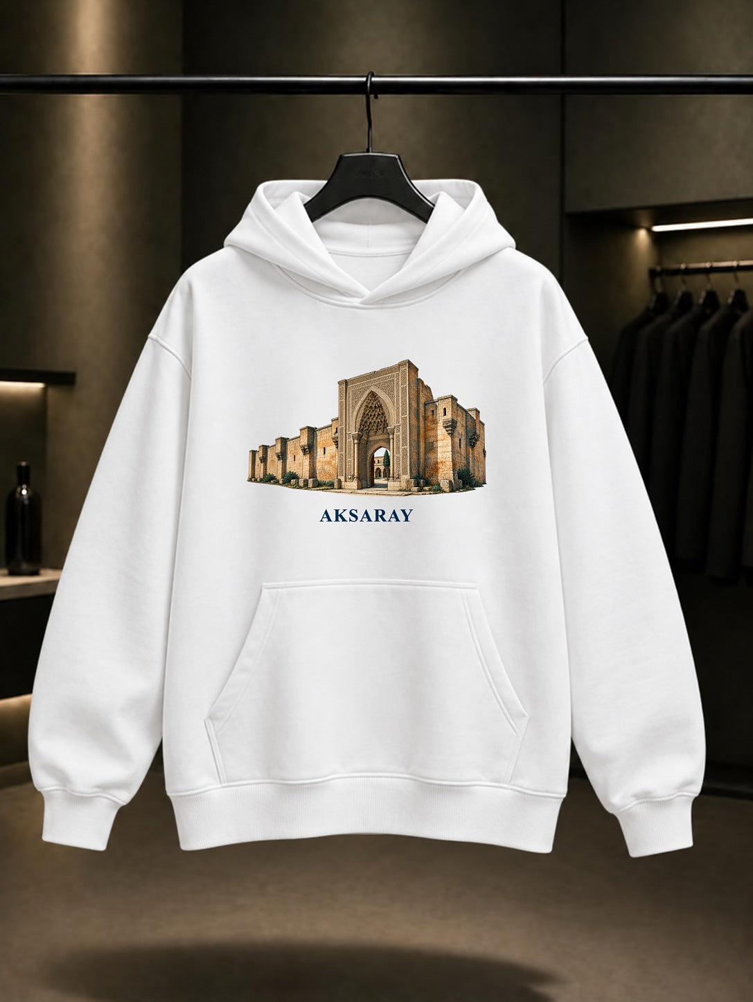 Aksaray Sultanhanı baskılı beyaz kapüşonlu sweatshirt