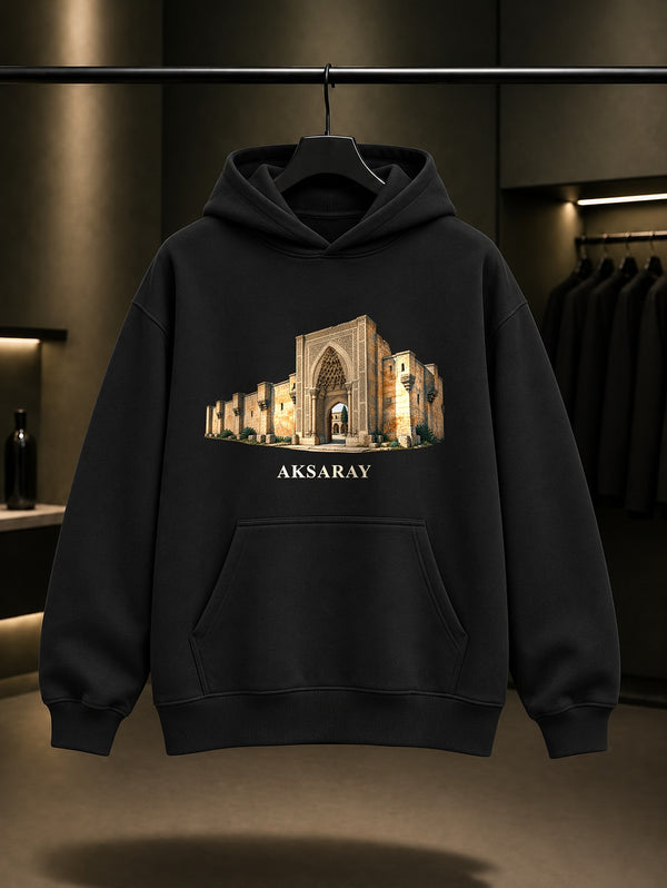 Aksaray Sultanhanı baskılı siyah kapüşonlu sweatshirt