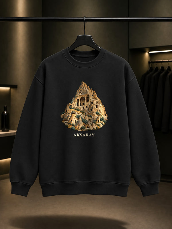 Aksaray Selime Katedrali baskılı siyah sweatshirt