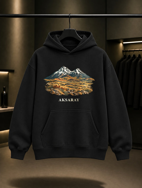 Aksaray Hasandağı baskılı siyah kapüşonlu sweatshirt