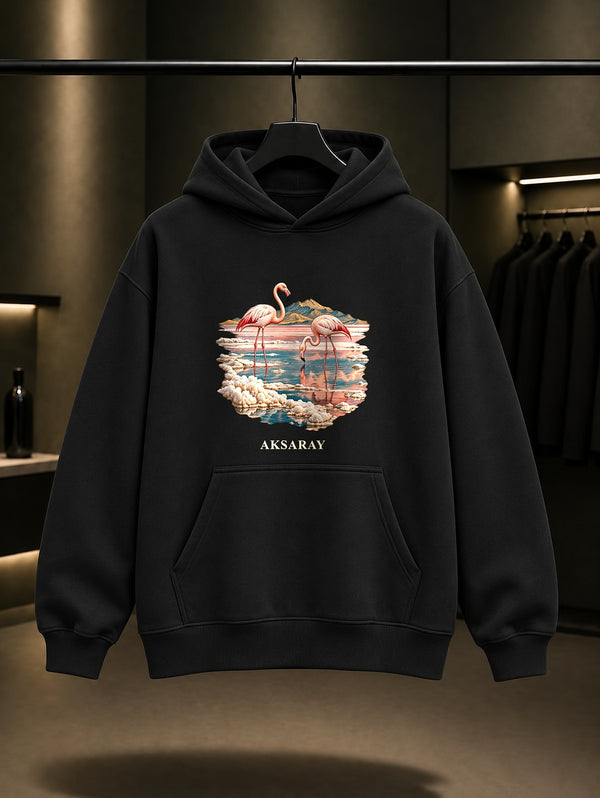 Aksaray Tuz Gölü baskılı siyah kapüşonlu sweatshirt