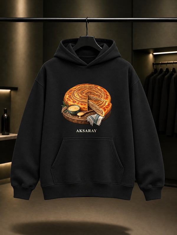 Aksaray Tahinlisi baskılı siyah kapüşonlu sweatshirt
