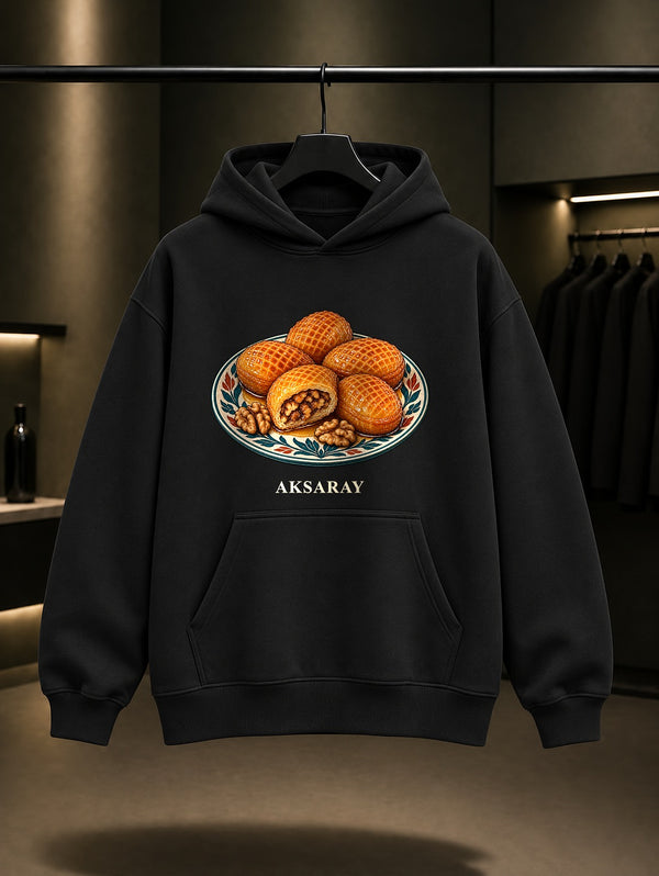 Aksaray Şeker Böreği baskılı siyah kapüşonlu sweatshirt