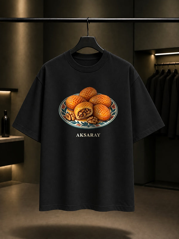 Aksaray Şeker Böreği baskılı siyah t-shirt