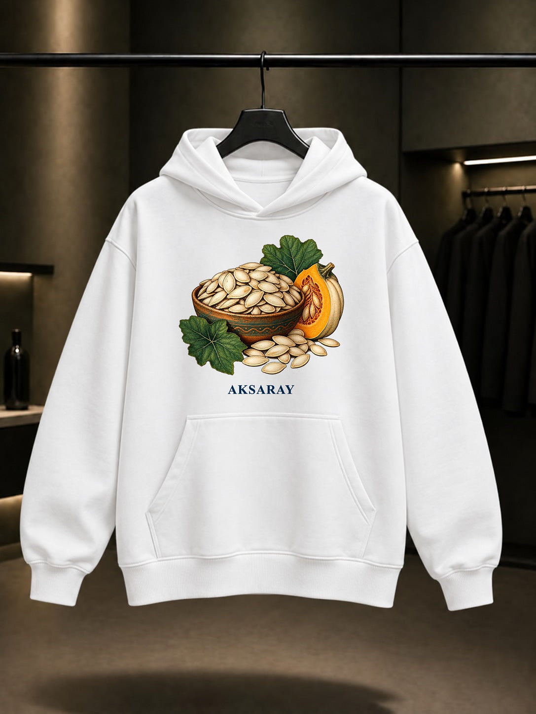Aksaray Kabak Çekirdeği baskılı beyaz kapüşonlu sweatshirt
