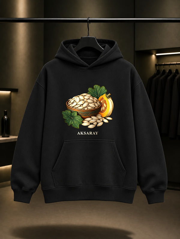 Aksaray Kabak Çekirdeği baskılı siyah kapüşonlu sweatshirt