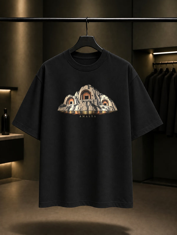 Amasya Kral Kaya Mezarları baskılı siyah t-shirt