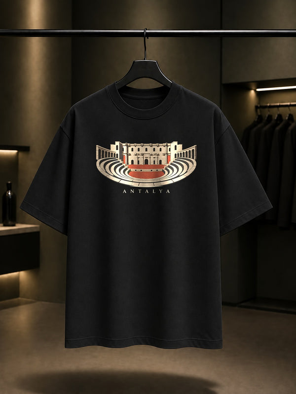 Antalya Aspendos baskılı siyah t-shirt