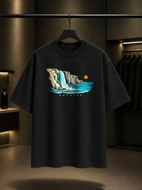 Antalya Düden Şelalesi baskılı siyah t-shirt