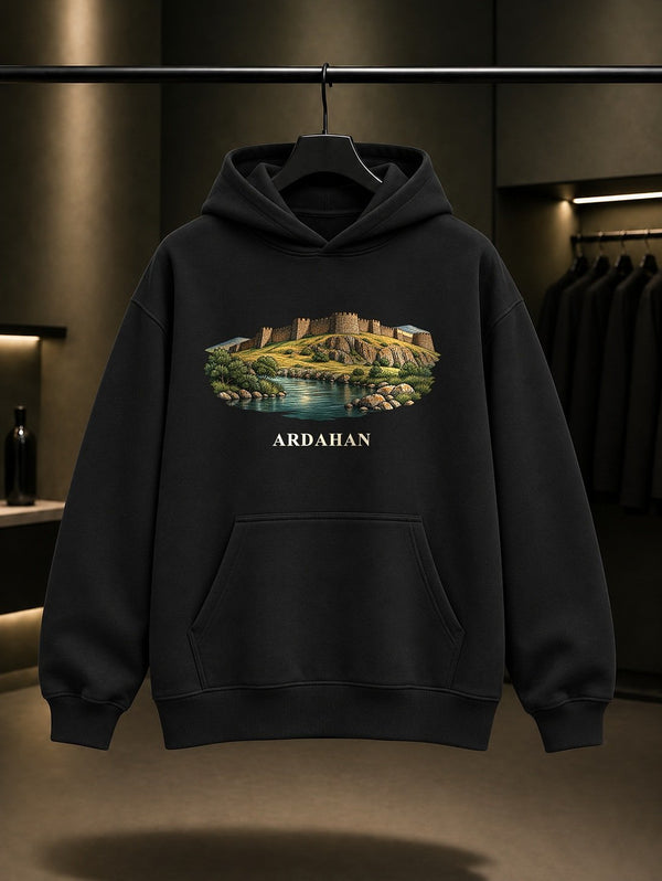 Ardahan Kalesi baskılı siyah kapüşonlu sweatshirt