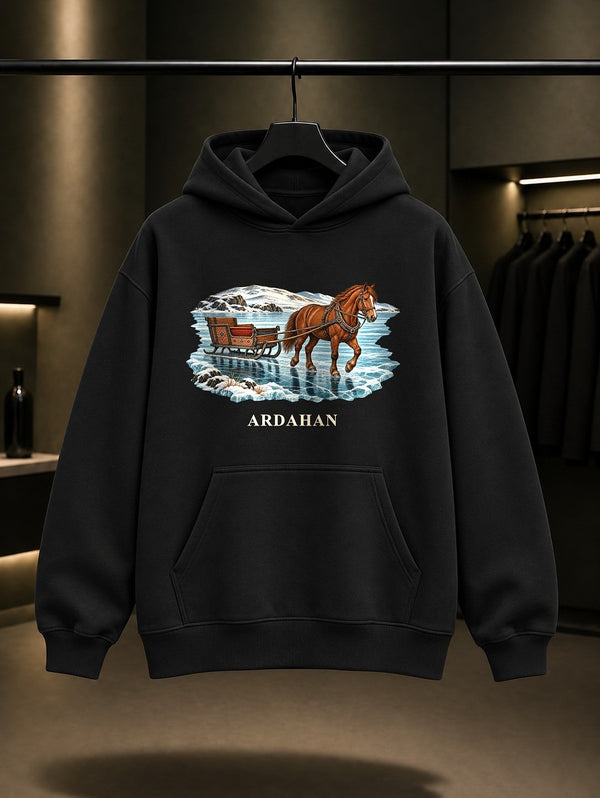 Ardahan Çıldır Gölü baskılı siyah kapüşonlu sweatshirt