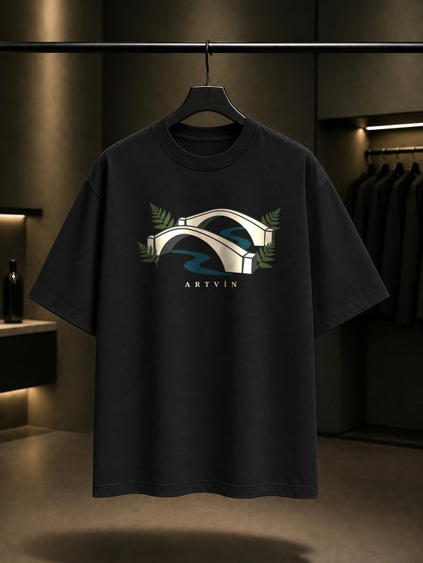 Artvin Çifte Köprü baskılı siyah t-shirt