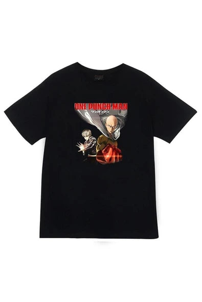 fame-stoned One Punch Man Anime Baskılı Unisex %100 Pamuk Siyah T-shirt