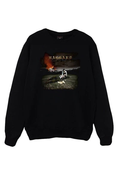 Haggard Albüm kapağı: alevli manzara baskılı siyah sweatshirt