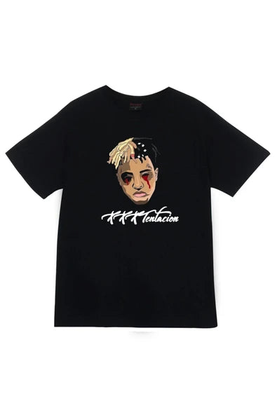 XXXTentacion Portre illüstrasyonu ve imza baskılı siyah tişört
