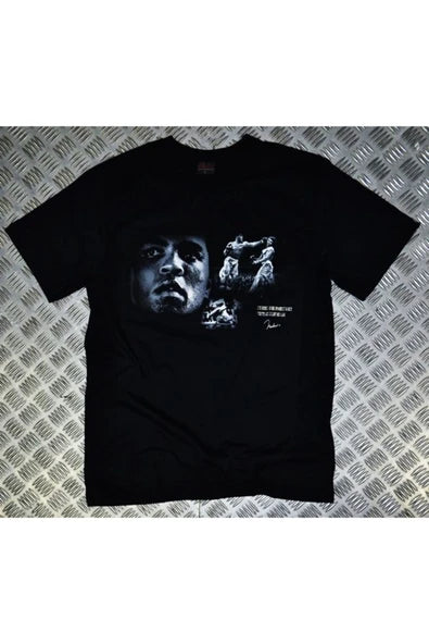 fame-stoned Muhammet Ali Baskılı Unisex %100 Pamuk Siyah T-shirt