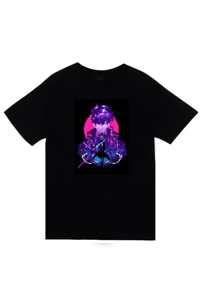 fame-stoned Solo Leveling Anime Baskılı Unisex %100 Pamuk Siyah T-shirt