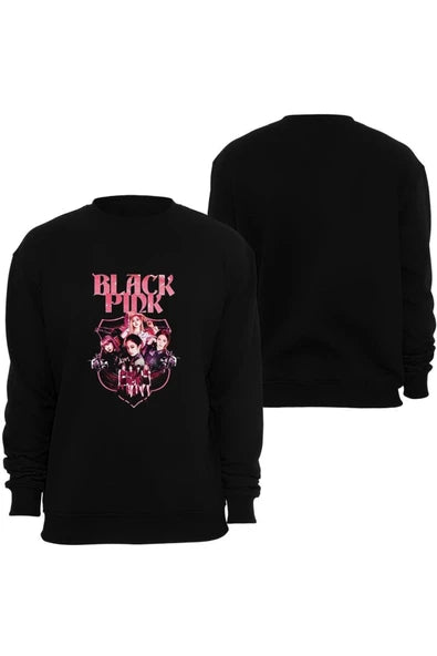 Blackpink ( Kpop , Black Pink ) Pembe yazısı baskılı siyah sweatshirt