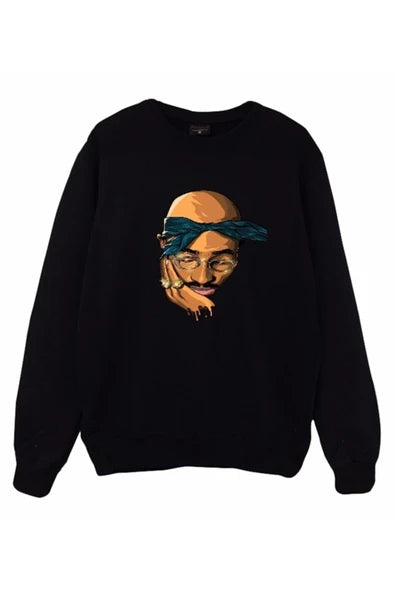 Tupac Shakur baskılı siyah sweatshirt