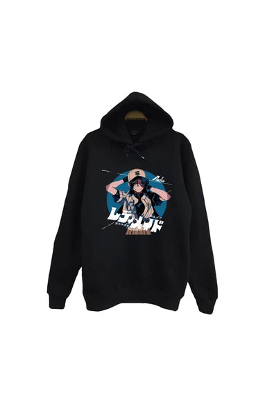 Ado Japon - K-Pop K-Pop - Anime karakteri retro poster baskılı siyah kapüşonlu sweatshirt