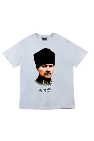 fame-stoned Gazi Mustafa Kemal Atatürk Baskılı Unisex %100 Pamuk Beyaz T-shirt