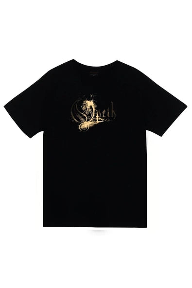 Opeth Müzik Grubu Altın rengi logo baskılı siyah tişört