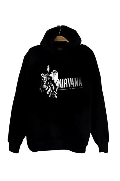 Nırvana baskılı siyah kapüşonlu sweatshirt