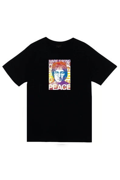 The Beatles Portresi ve barış posteri baskılı siyah tişört