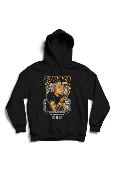 Albert Einstein baskılı siyah kapüşonlu sweatshirt