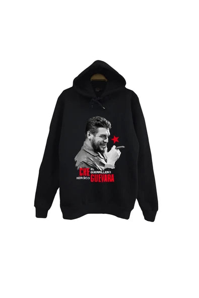 Che Guevera Guevara portresi baskılı siyah kapüşonlu sweatshirt