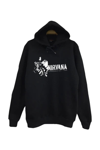 Nirvana-kurt Cobain Logo ve melek/kanat baskılı siyah kapüşonlu sweatshirt