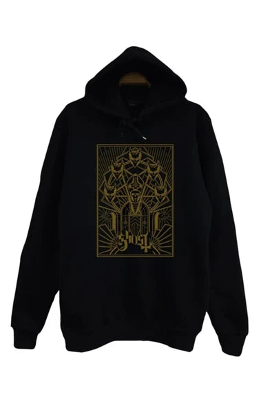 Ghost Altın çizgili art-deco tarzı baskılı siyah kapüşonlu sweatshirt