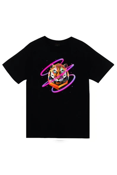 fame-stoned Aslan, Hayvan Baskılı Unisex %100 Pamuk Siyah T-shirt