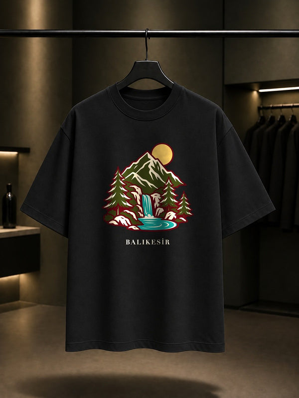 Balıkesir Kaz Dağları baskılı siyah t-shirt