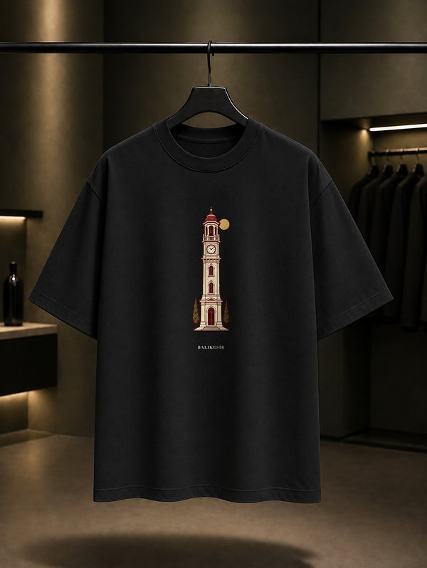 Balıkesir Saat Kulesi baskılı siyah t-shirt