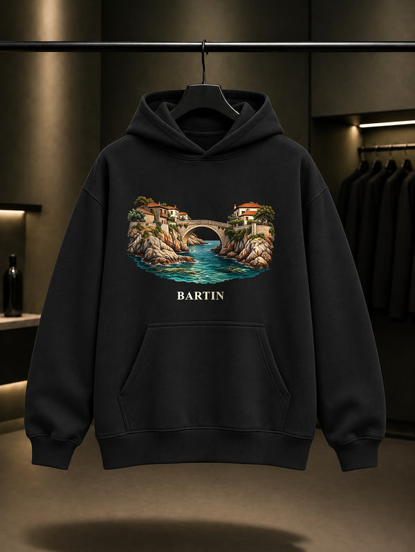 Bartın Amasra Kemere baskılı siyah kapüşonlu sweatshirt