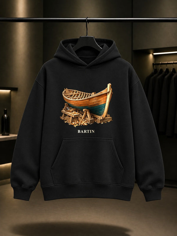 Bartın Kurucasile Tekne baskılı siyah kapüşonlu sweatshirt