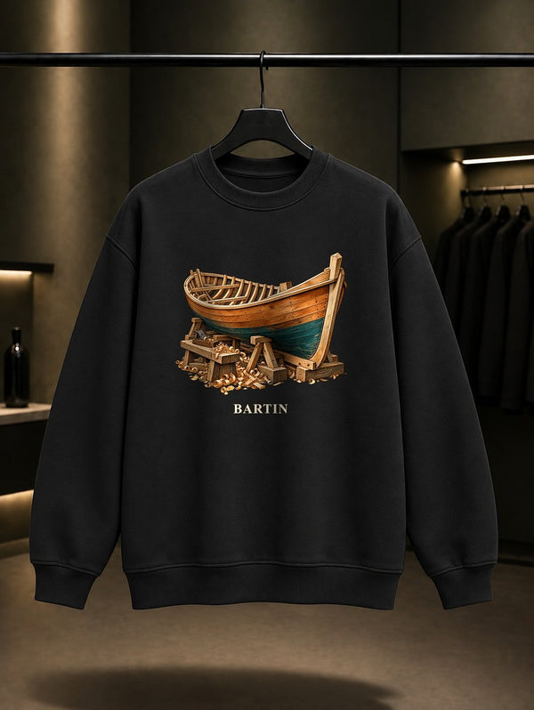 Bartın Kurucasile Tekne baskılı siyah sweatshirt
