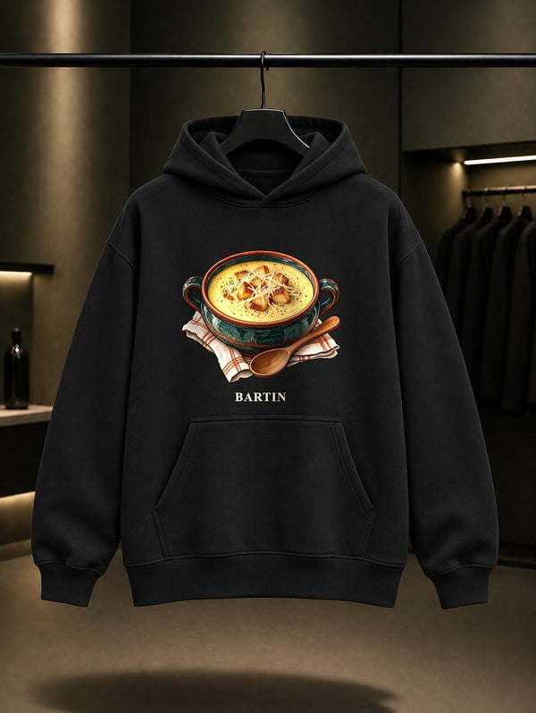 Bartın Pumpum Çorbası baskılı siyah kapüşonlu sweatshirt