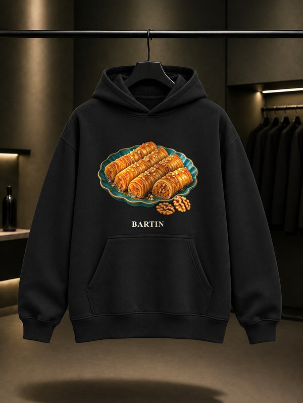 Bartın Kabak Burmasi baskılı siyah kapüşonlu sweatshirt