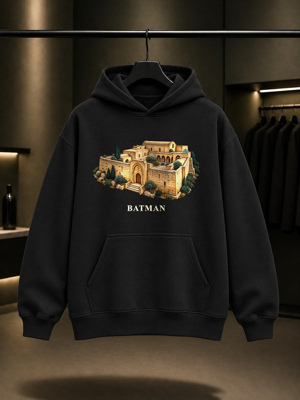 Batman Mor Kiryakus baskılı siyah kapüşonlu sweatshirt