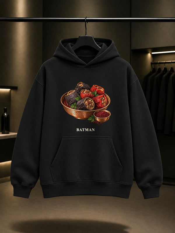 Batman Sumaklı Dolma baskılı siyah kapüşonlu sweatshirt