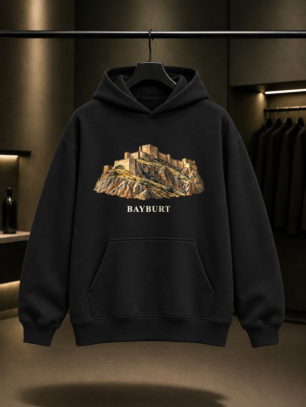 Bayburt Kalesi baskılı siyah kapüşonlu sweatshirt