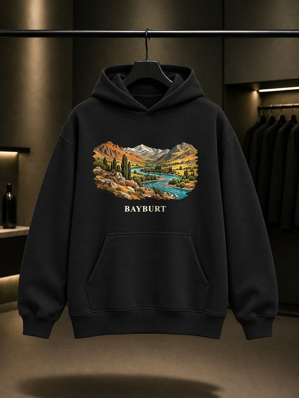 Bayburt Çoruh Vadisi baskılı siyah kapüşonlu sweatshirt