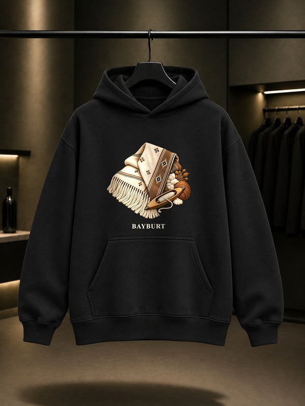Bayburt Ehram Dokuma baskılı siyah kapüşonlu sweatshirt